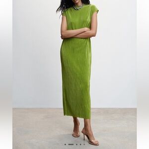 MNG Mango Green Pleated Cap Sleeve Long Maxi Dress Contemporary Green 10 NWT